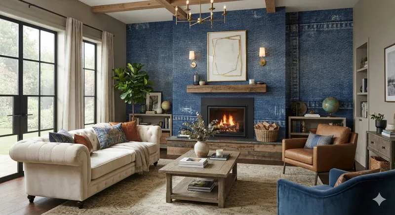 Jallpaper, a denim-textured feature wall behind a fireplace