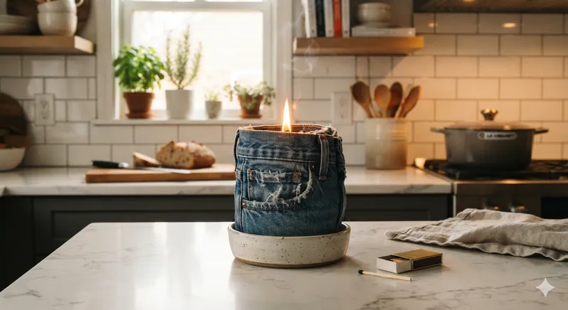 A Jented Jandle burning in a denim vessel on a marble kitchen counter