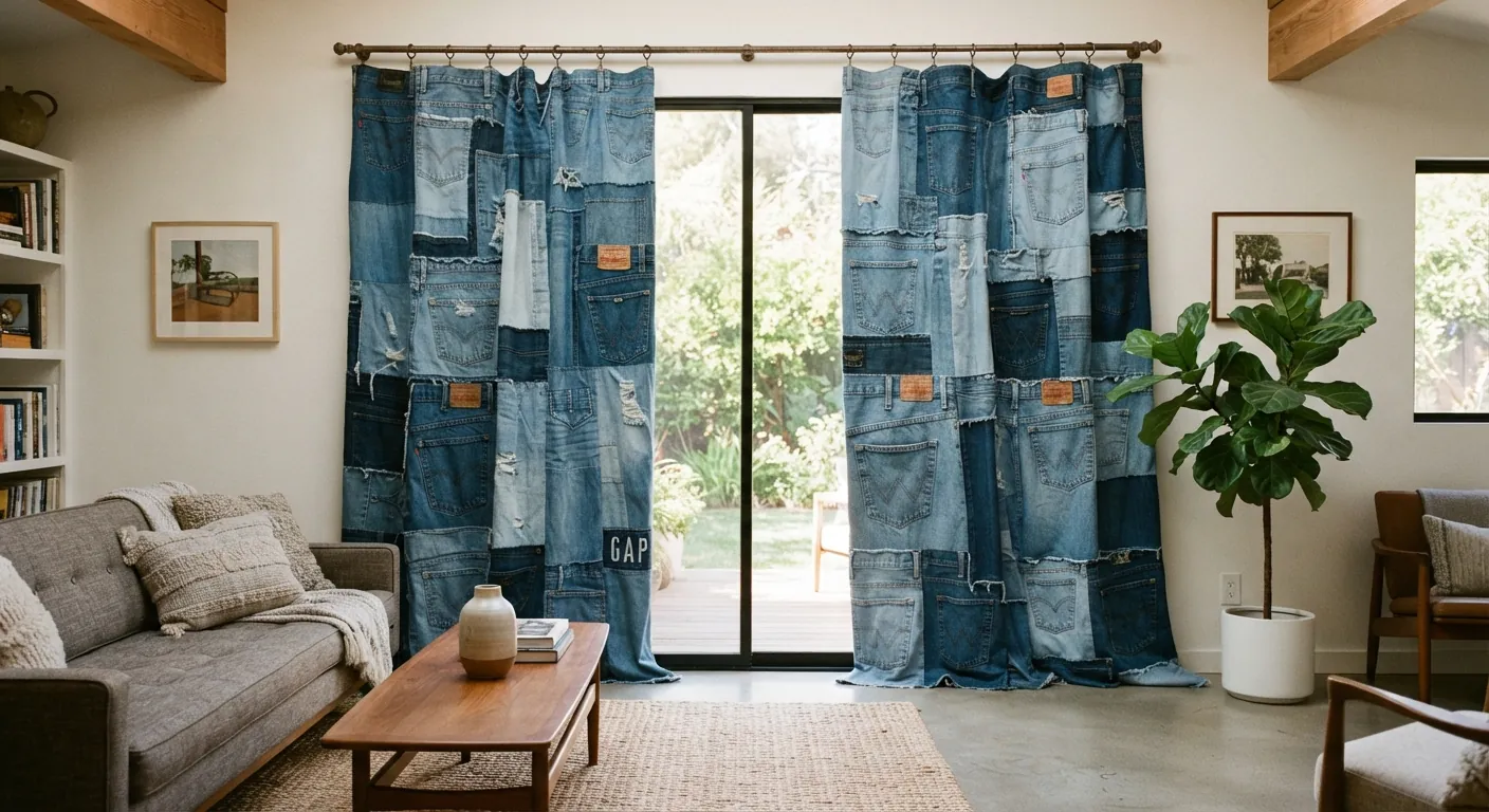 Floor-length denim drapery hung on a brass rod beside a garden door