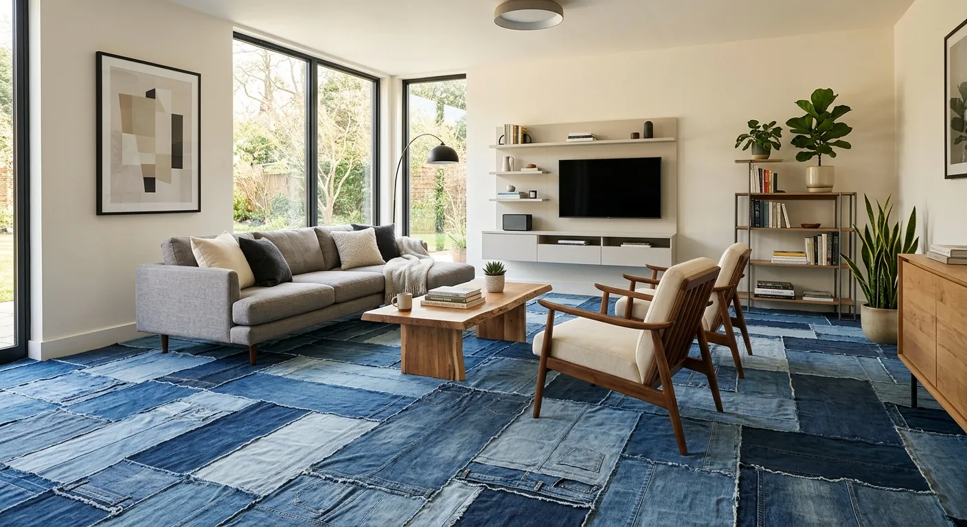 A sunlit living room floored wall to wall in patchwork denim