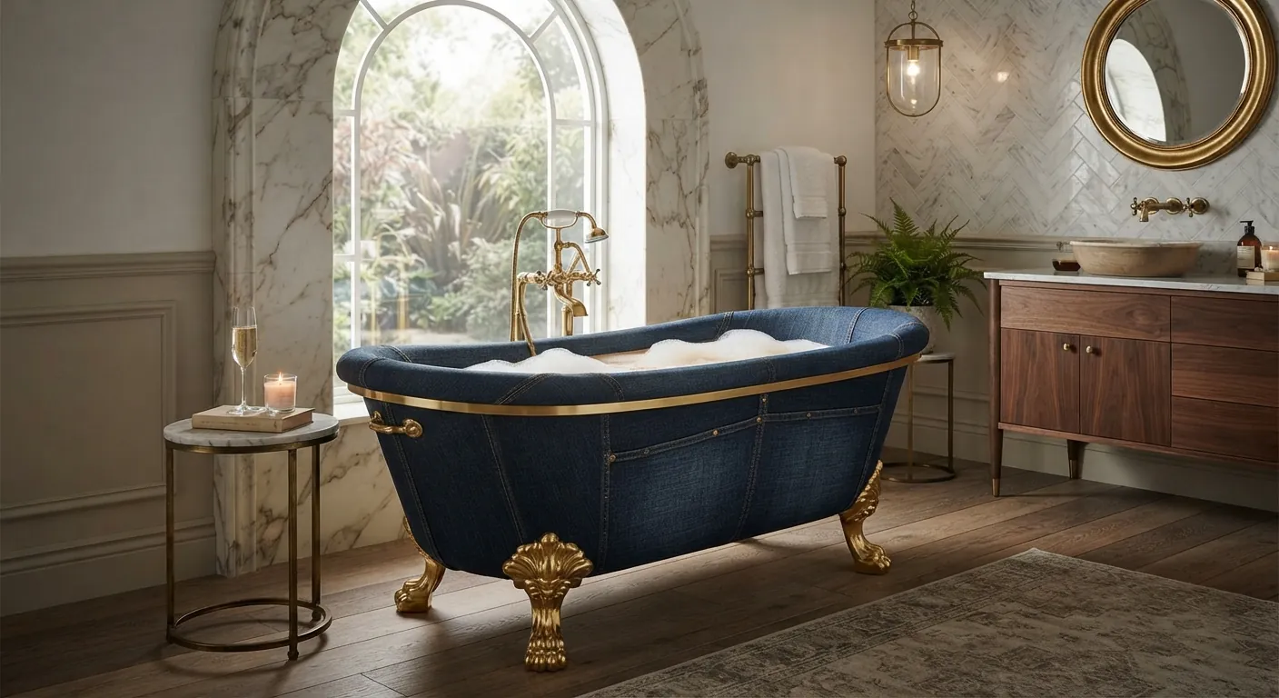 The Jathtub, a denim-clad freestanding roll-top bath on cast brass feet