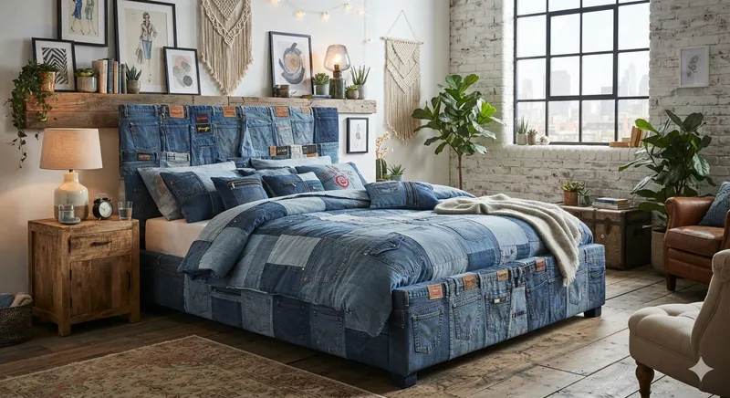 The Jed, a denim-upholstered bed with a pieced headboard and patchwork duvet