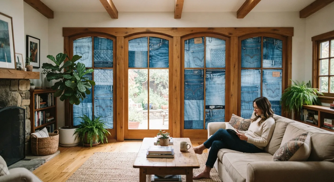 Arched window openings fitted with denim panels in a reading room