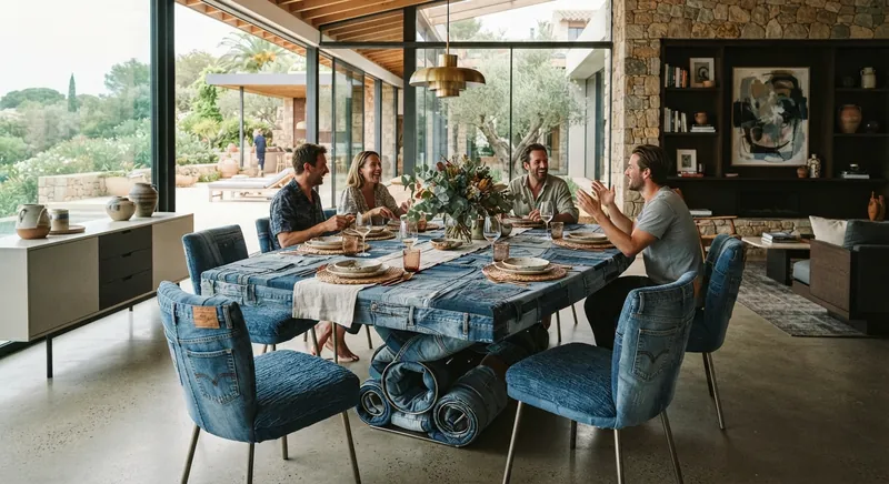 Jairs, denim-upholstered dining chairs around the Jinner Table