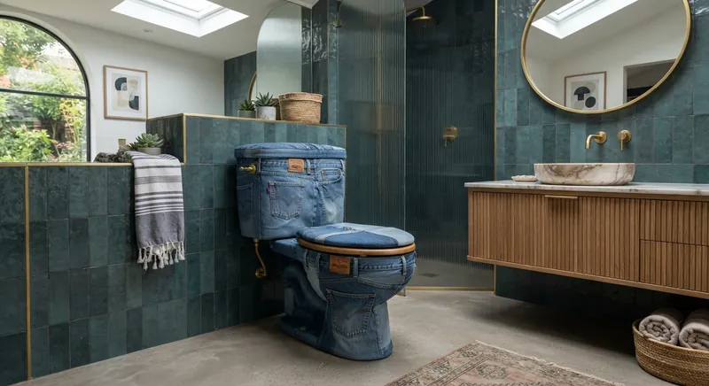 The Joilet, a denim-covered two-piece WC in a green-tiled bathroom