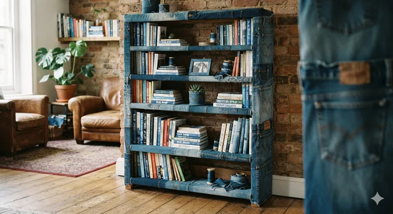 The Jookshelf, a five-shelf denim-wrapped bookcase against exposed brick