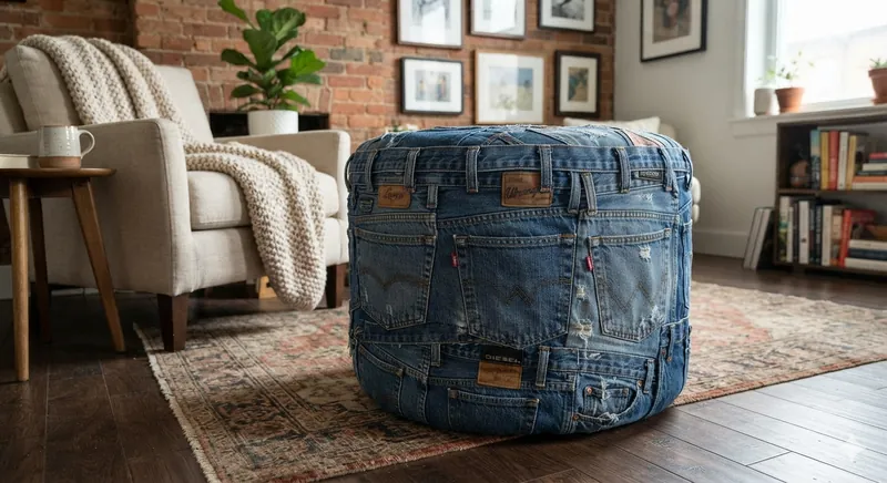 The Jottoman, a round denim pouf, on a patterned rug beside an armchair